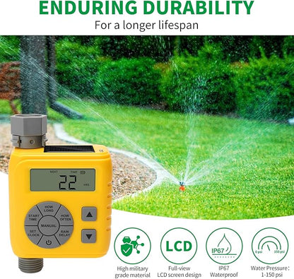Sprinkler Timer, Programmable Irrigation Water Timer for Garden Hose, Solar/Battery Dual Power & Professional Leak-Proof Design, Rain Delay/Auto/Manual Watering System, Yellow