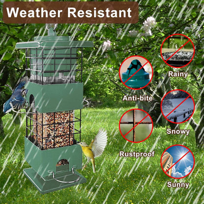 Squirrel Proof Bird Feeder, 3LBS Large Capacity Hanging Bird Feeders with Weight-Activated Perches for Outdoors, Metal Wild Birdfeeder for Blue Jay, Cardinal, Outside (Green)