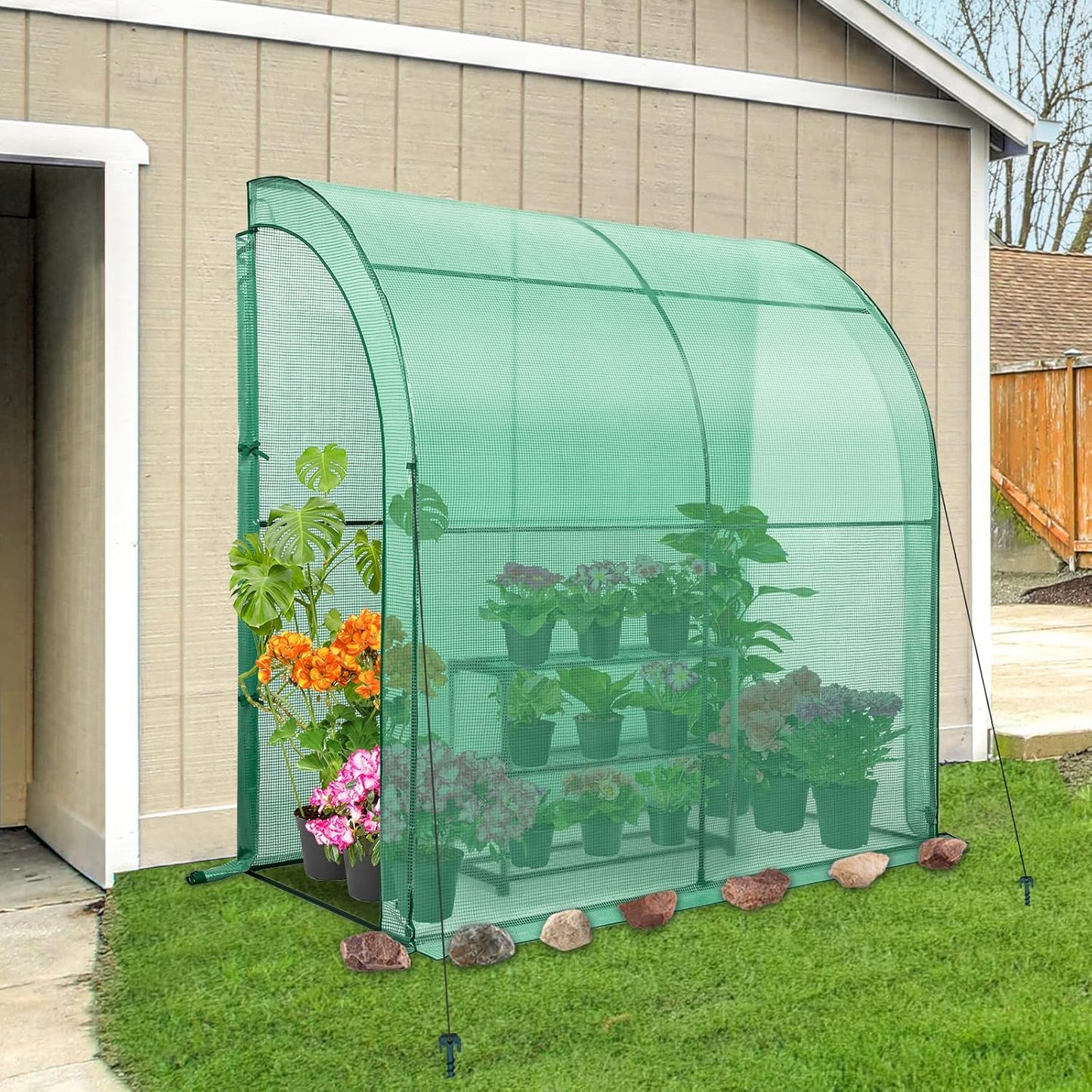 EAGLE PEAK 3 Tier Lean to Portable Greenhouse, Heavy-Duty Indoor & Outdoor Garden with Wire Shelves, 2 Roll-Up Zipper Doors, Easy Assembly, 79"x39"x83" Clear/Green PE Cover