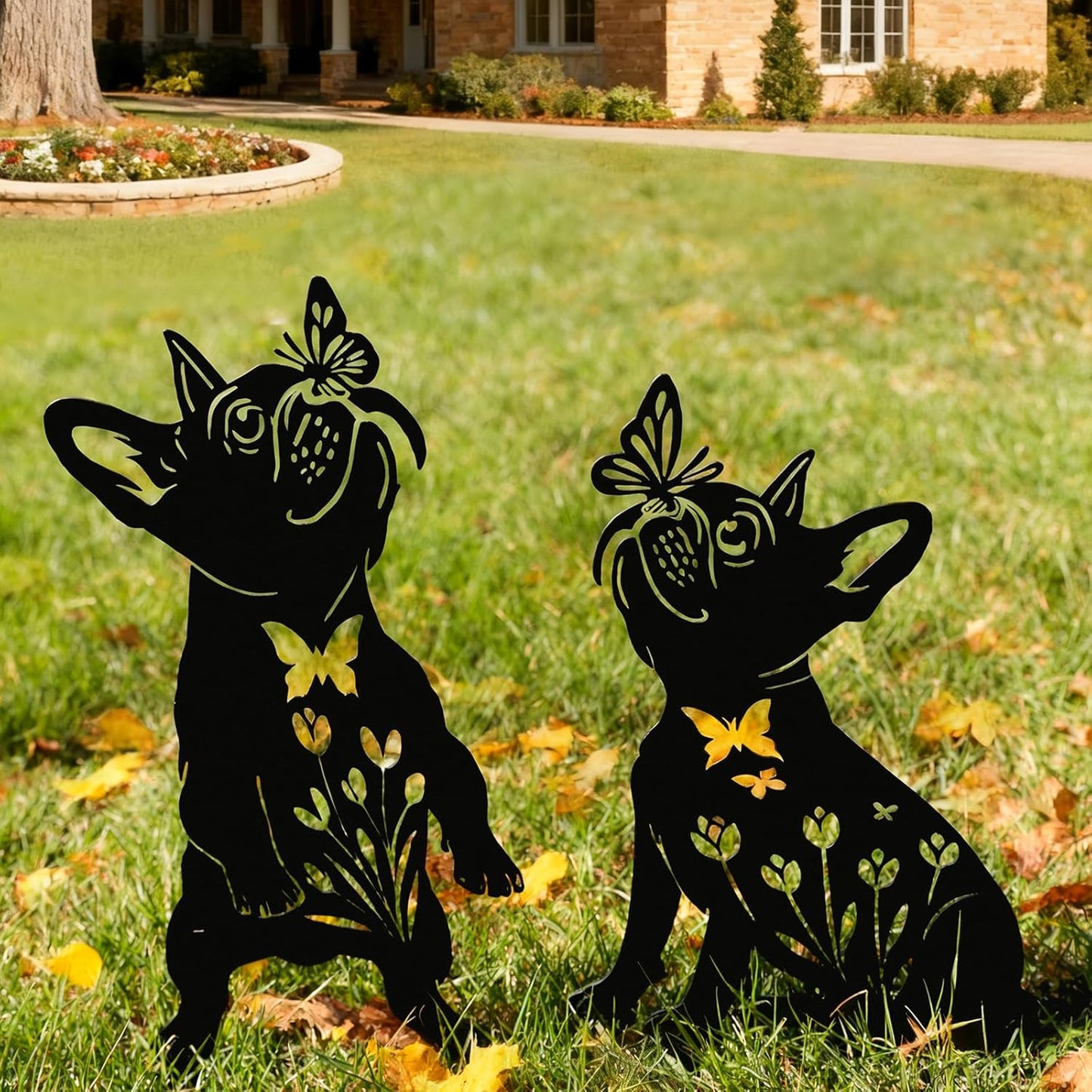 Metal Pug Garden Decor for Outside (2 Pack), 14" Yard Art Stakes,Unique Gift for Kitty Lovers, Outdoor Lawn Statues and Weather Resistant Yard Art