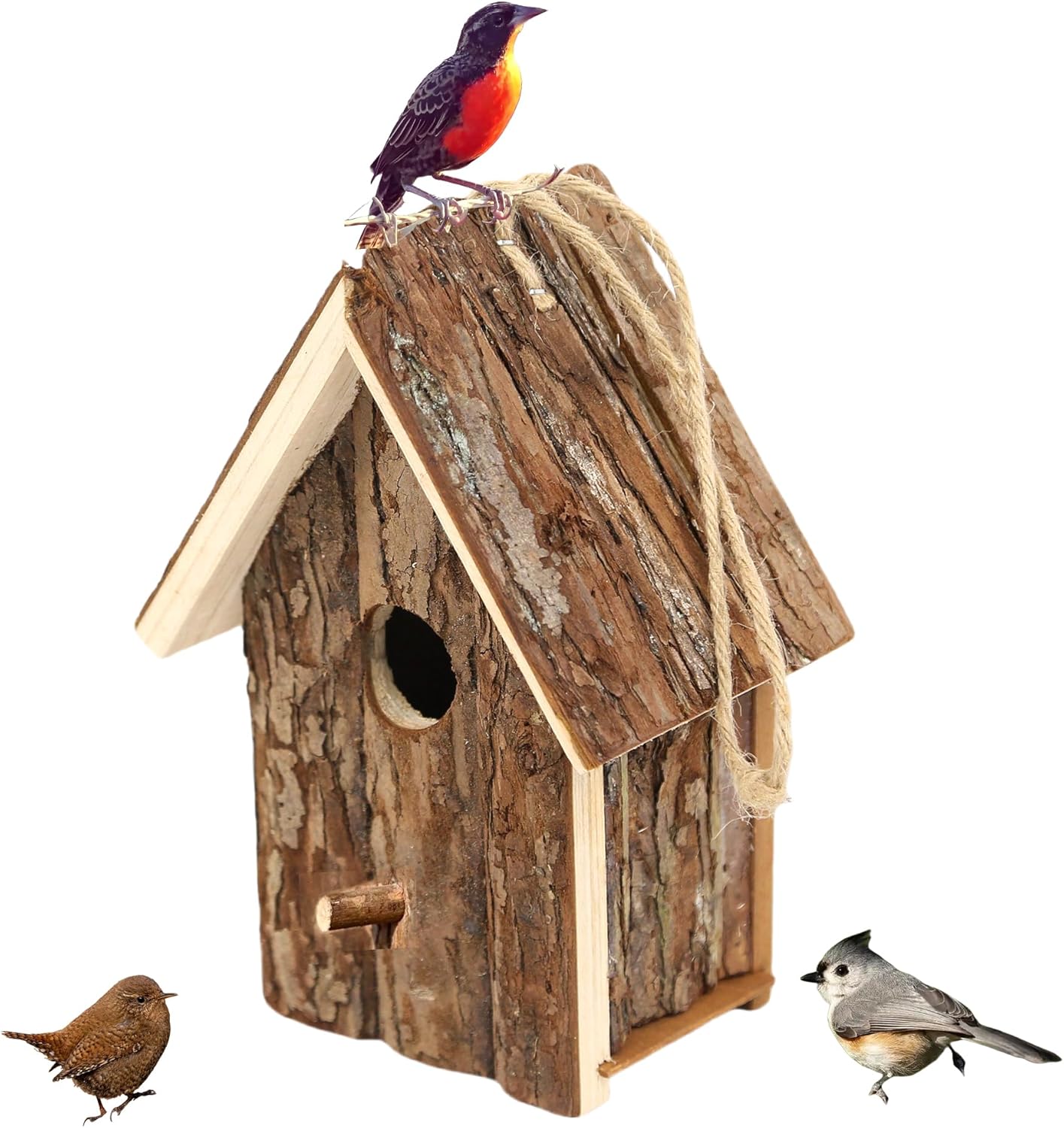Natural Wooden Bird House for Outdoors – Handcrafted Bark Design, Weatherproof Roof, Perfect for Small Birds, Finch, Bluebird, Wrens & Chickadees, Ideal for Gardens, Patios, and Backyards