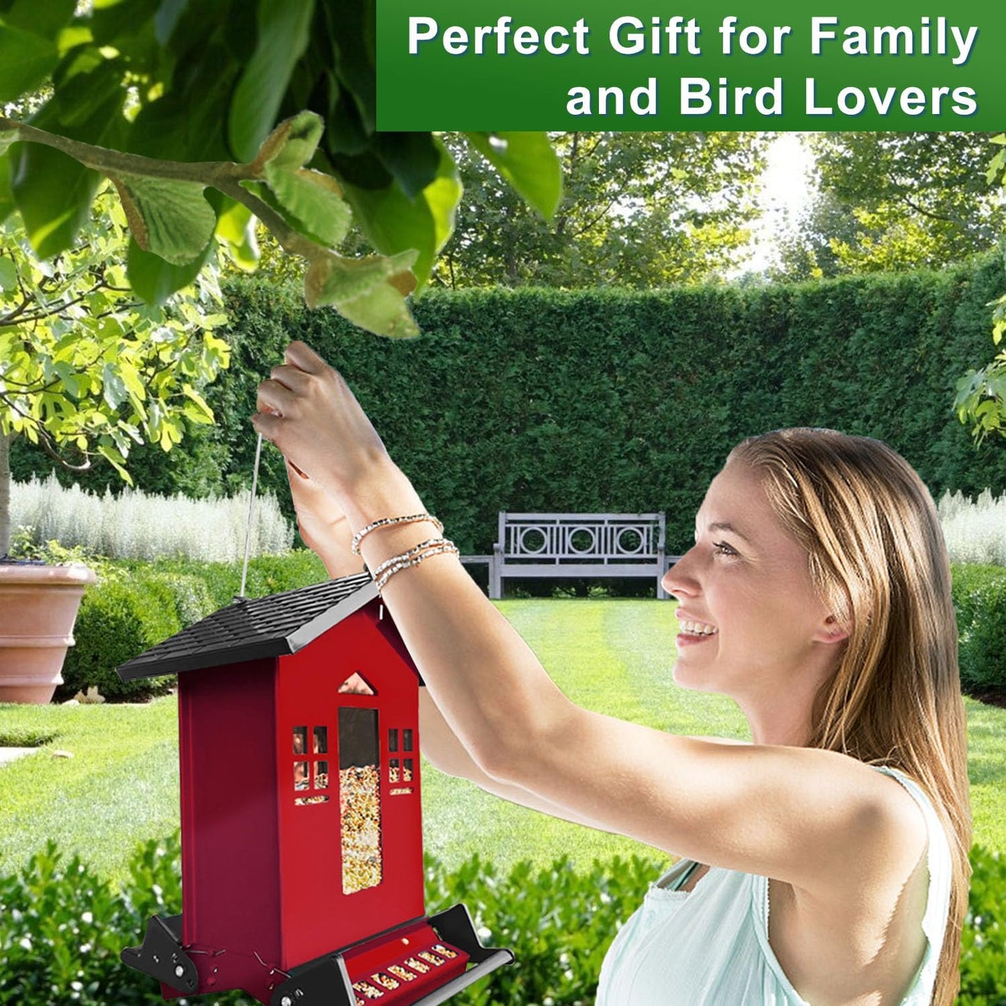 Squirrel Proof Bird Feeder, 6LBS Hanging Bird Seed Feeders for Outdoors, Weight-Activated Perches Metal Wild Birdfeeder for Blue Jay, Cardinal, Garden (Red)