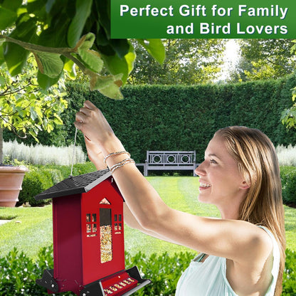 Squirrel Proof Bird Feeder, 6LBS Hanging Bird Seed Feeders for Outdoors, Weight-Activated Perches Metal Wild Birdfeeder for Blue Jay, Cardinal, Garden (Red)