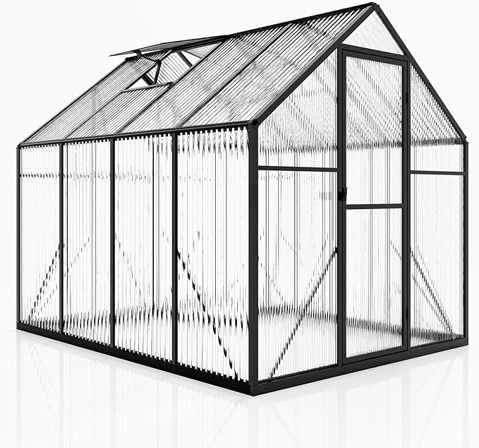 Jocisland 6x8x6.3 FT Polycarbonate Greenhouse for Outdoors with 2 Windows, Dual Swing Doors, Aluminum Walk-in Frame, Heavy Duty Garden Greenhouse for Backyard, Black
