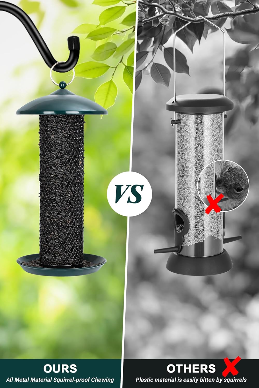 Gtongoko Bird Feeder for Outside, Metal Mesh Tube Bird Feeders 2.5 lbs for Sunflower Seeds or Mealworm, Large Capacity, Green, 1 Pack