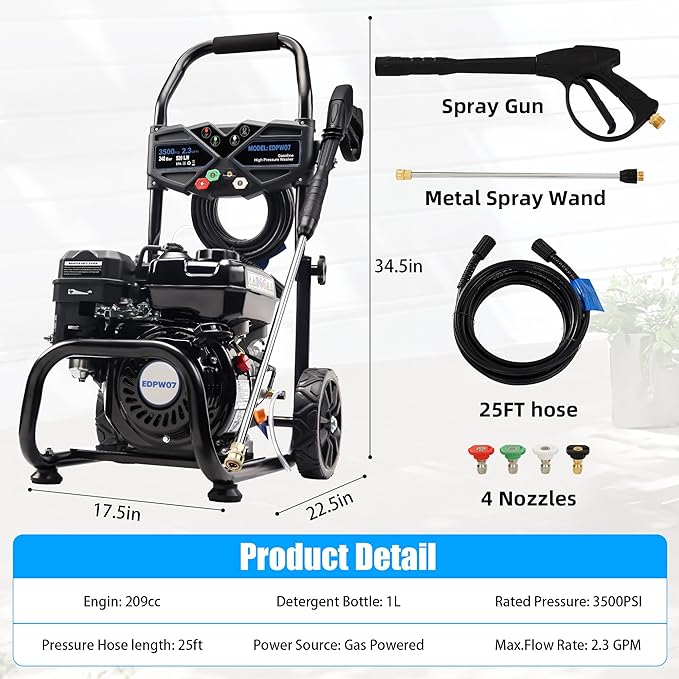 3500 PSI Gas Pressure Washer, 2.3 GPM – Heavy Duty High Power with 209CC 7HP Engine, 25Ft Pressure Hose, Axial Aluminum Pump, Soap Tank, 4 Quick Connect Nozzles (Black)