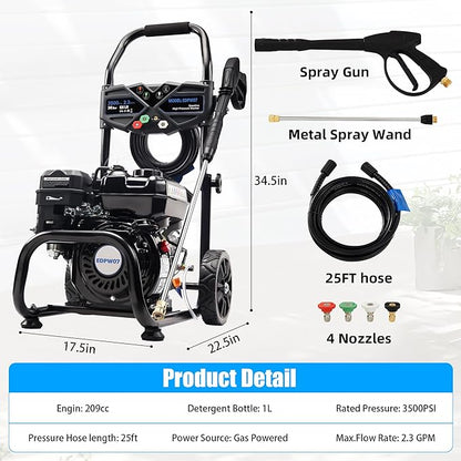 3500 PSI Gas Pressure Washer, 2.3 GPM – Heavy Duty High Power with 209CC 7HP Engine, 25Ft Pressure Hose, Axial Aluminum Pump, Soap Tank, 4 Quick Connect Nozzles (Black)