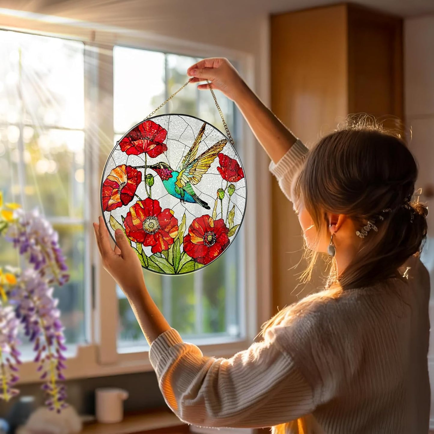 Stained Glass Window Hanging, 8 Inch Hummingbird Stained Glass Suncatcher, Sun Catcher Indoor Window, Hummingbird Decor, Gifts for Mom, Gifts for Grandma, Mothers Day, Christmas, Birthday Gift