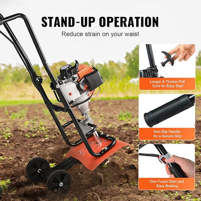 VEVOR Tiller Cultivator, 31CC 4-Stroke Garden Cultivator, Tiller with 4 Steel Adjustable Front Tines for Lawn, Garden and Field Soil Cultivation, Orange