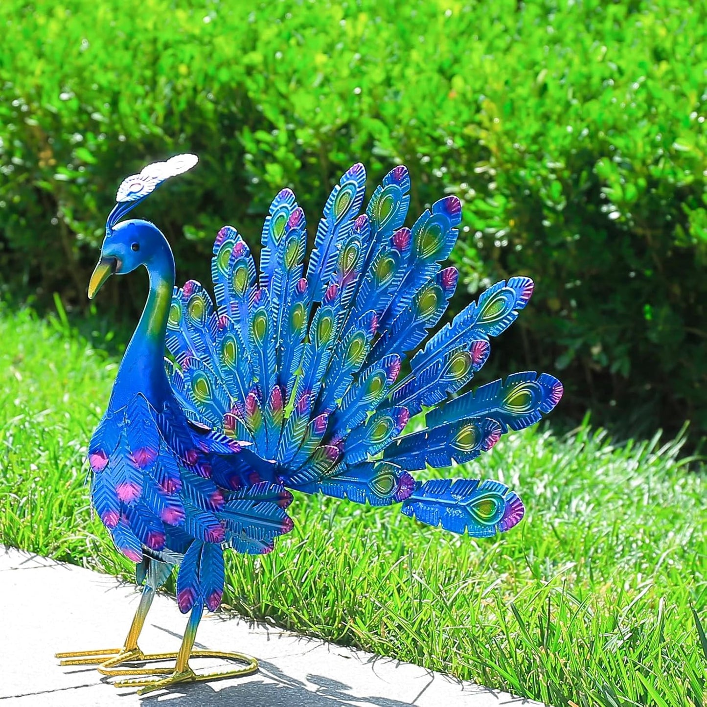 MACLARONX Metal Peacock Garden Yard Art Outdoor Statue Standing Sculpture for Backyard Lawn Patio Home Decorations, 17'' W Multi-Color, Blue-peacock