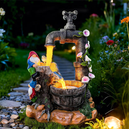 Solar Garden Gnomes Statues Outdoor Yard Decorations, 10" Resin Fountain Gnome Outside Christmas Art Decor for Lawn Patio Porch Backyard,Unique Housewarming Gifts for Women Mom Grandma