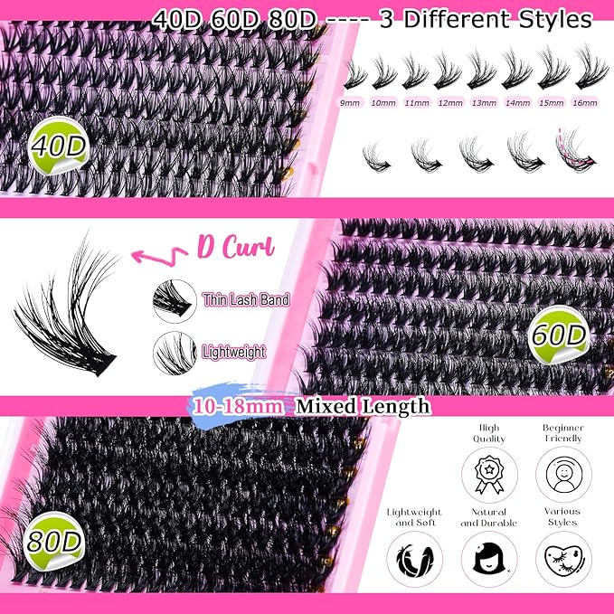 Lash Extension Kit DIY Lash Clusters 3 Boxes Cluster Lashes Soft Eyelash Extensions Wispy Individual Lashes with Lash Bond and Seal,Lash Tweezers,Washbag 6 Counts(40D 60D 80D, 3 Boxes Kit)