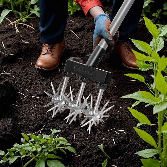 Walensee Rotary Cultivator Garden Tool – Adjustable Hand Tiller for Gardening & Lawn Care with Rustproof Aluminum Blades, Telescopic Handle, Lightweight Nylon Base – Soil Aerator & Grass Reseeder