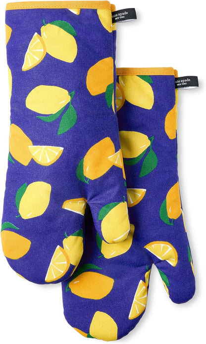 kate spade new york Lemon Party Oven Mitt 2-Pack Set, Heat Resistant, 100% Cotton, Navy Blue/Yellow, 7"x13"