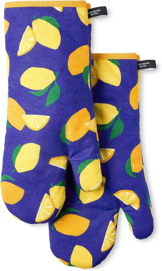 kate spade new york Lemon Party Oven Mitt 2-Pack Set, Heat Resistant, 100% Cotton, Navy Blue/Yellow, 7"x13"
