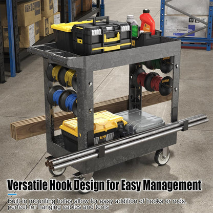 Large Garage Plastic Utility Cart, Heavy Duty 2 Shelf Tool Cart Service Cart Rolling Push Carts with Ergonomic Handle 5" Swivel Casters.