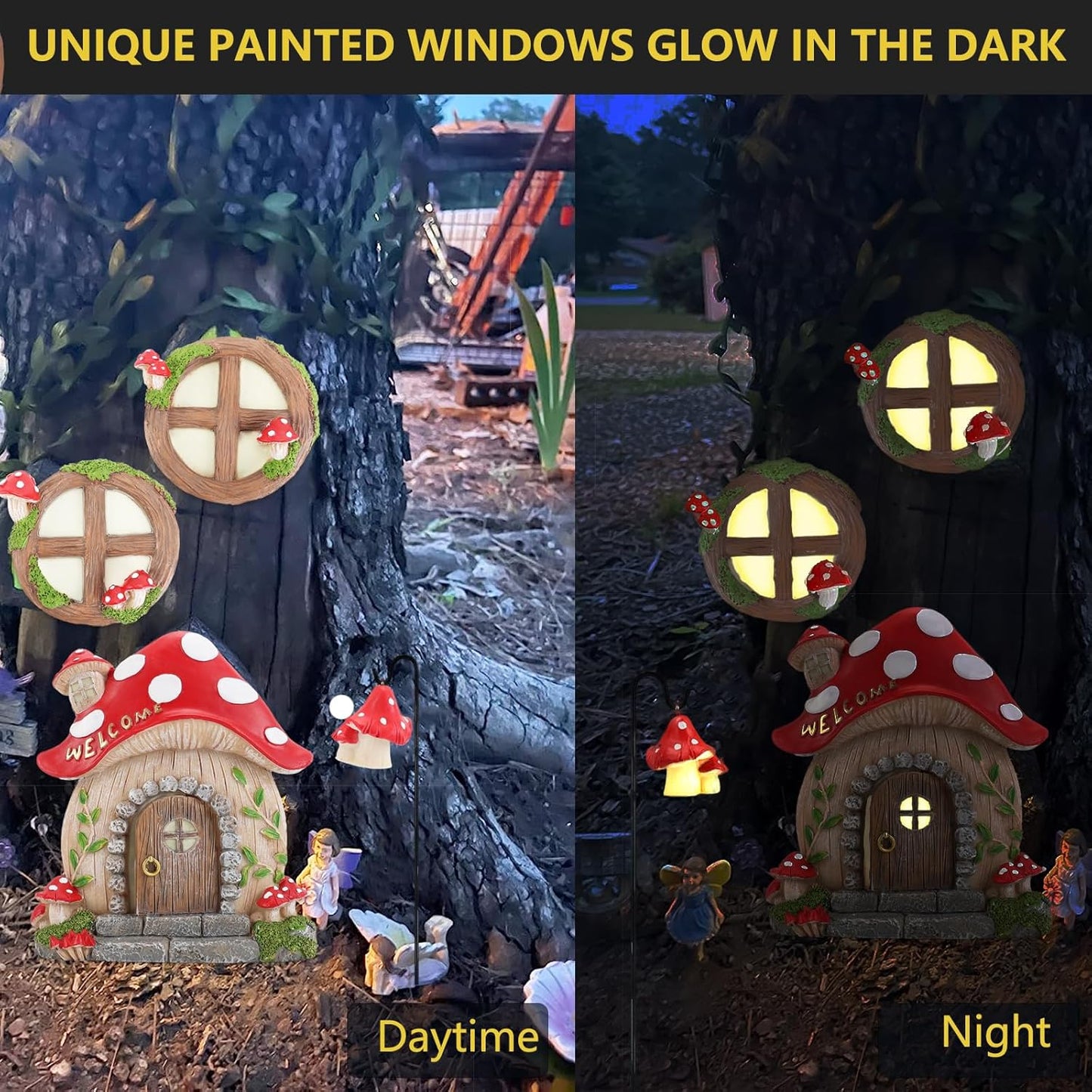 Miniature Fairy Garden Accessories Christmas Decorations Mushroom Fairy Door and Windows for Trees, Glow in The Dark Yard Garden Sculpture Lawn Ornament Outdoor Decor Accessories with Fairy Lantern