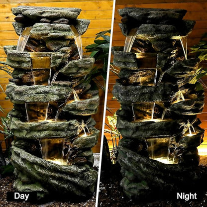 SunJet 59" High Multi-Tiers Cascading Rock Outdoor Water Fountain with LED Lights - Large Outdoor Fountains and Waterfalls for Garden or Patio, Yard, and Deck Decor, Featuring Natural Stone Look
