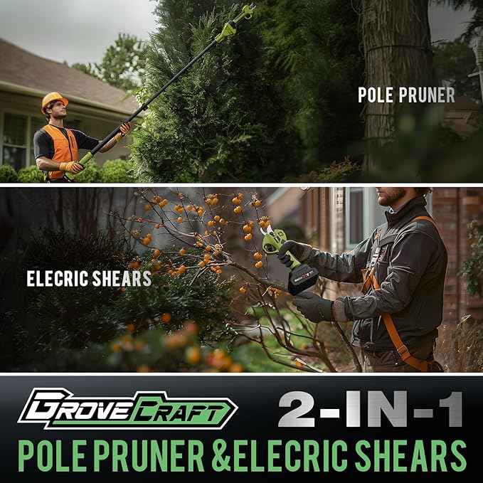20V 2-in-1 Brushless Pole Pruning Shear with 2 Battery, Battery Powered Cordless Electric Pruning with Lubricant, 1-Inch Cutting Diameter Tree Pruner(Fast Charger Included)