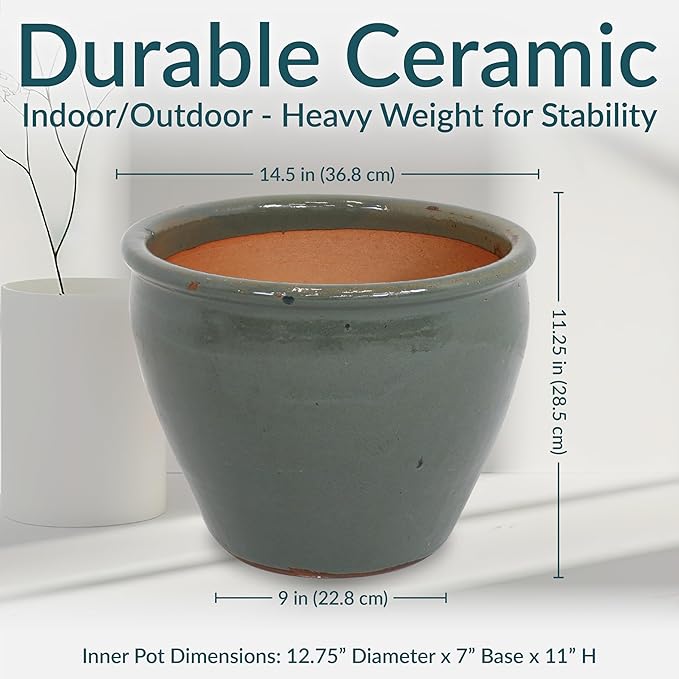 Sunnydaze Large Ceramic Plant Pot - Round Outdoor Glazed Ceramic Planter Pot with Drainage - Chalet - Gray - 14.5"