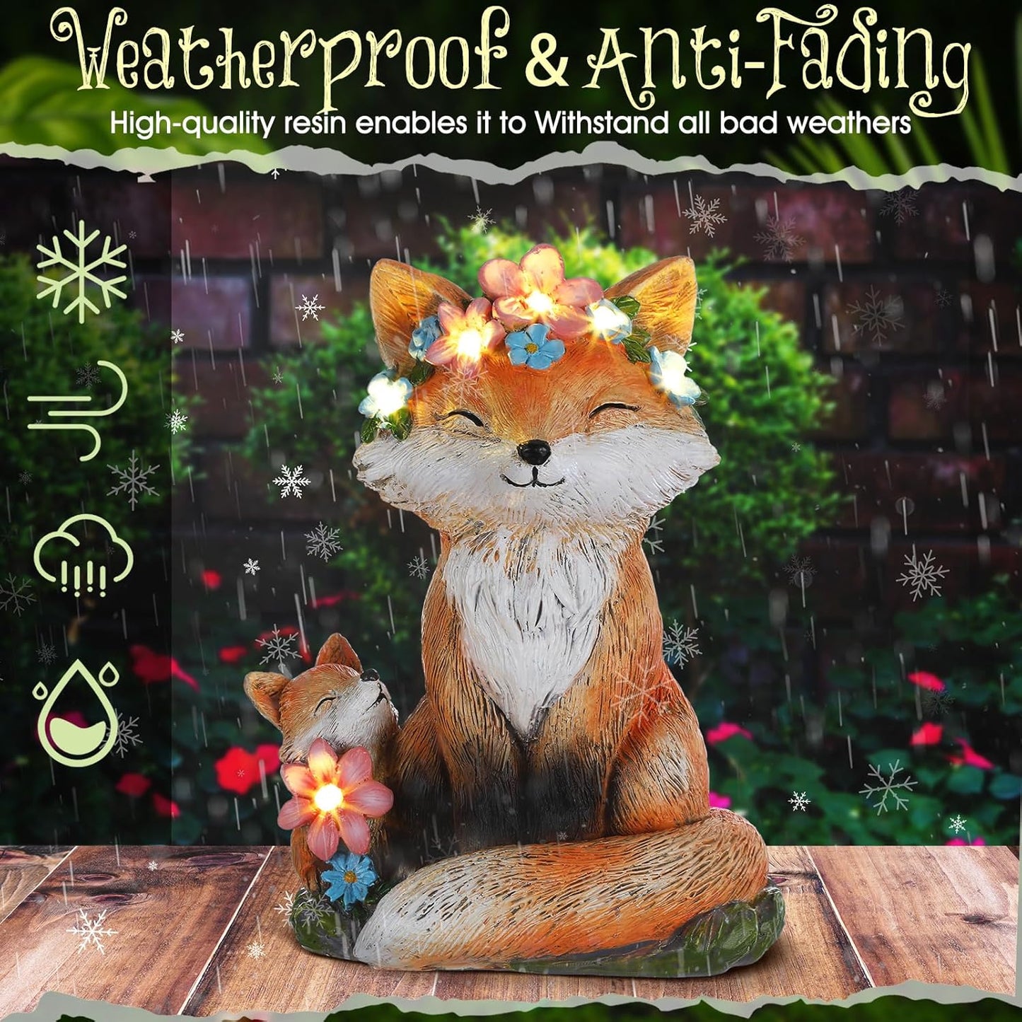 Leinuosen Fox Statue with Solar Power Light for Garden Decor Lighted Resin Fox Gifts for Women Mom Grandma Outdoor Animal Garden Statue Patio Porch Yard Lawn Courtyard Backyard Indoor Shelf Decoration