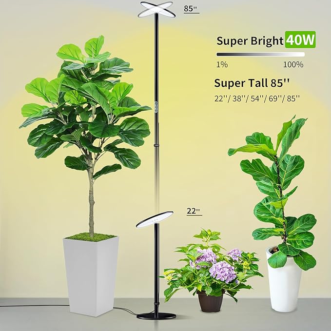 chiphy Grow Lights, 85" Full Spectrum Plant Light for Indoor Plants, 4/8/12H Timer, 40W Grow Lamp, 10 Dimmable Brightness, Height Adjustable, Ideal for Large Tall Plants