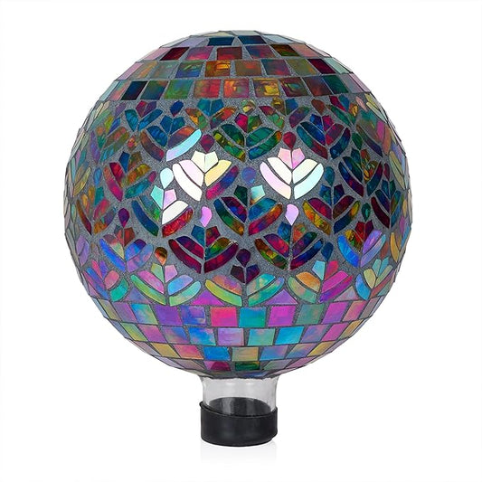 Alpine Corporation - Outdoor Glass Mosaic Peacock Gazing Globe - Iridescent Garden Decor, 10" Diameter, Multicolor