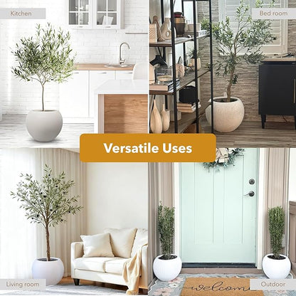 9.7" H x 12" D Globo Fiberstone Round Planter with Drainage Hole, Weather Resistant, Ribbed Finish, Planters for Indoor Plants & Outdoor, Extra Coco Mats (Speckled White, 7.8" Pot Opening)