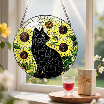 Stained Glass Window Hanging, Pauyadu 8 Inch Sunflower Black Cat Stained Glass Suncatcher, Cats Lover Gifts, Black Cat Memorial Ornament, Window Hanging Decor, Pet Gift, Gifts for Women, Mom