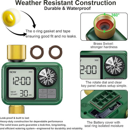Sprinkler Timer Brass, Programmable Water Timer with Rain Delay, Manual& Automatic System for Garden Hose Faucet, Waterproof Gardening Supplies Irrigation Controller Watering Lawn Evenly& Efficiently