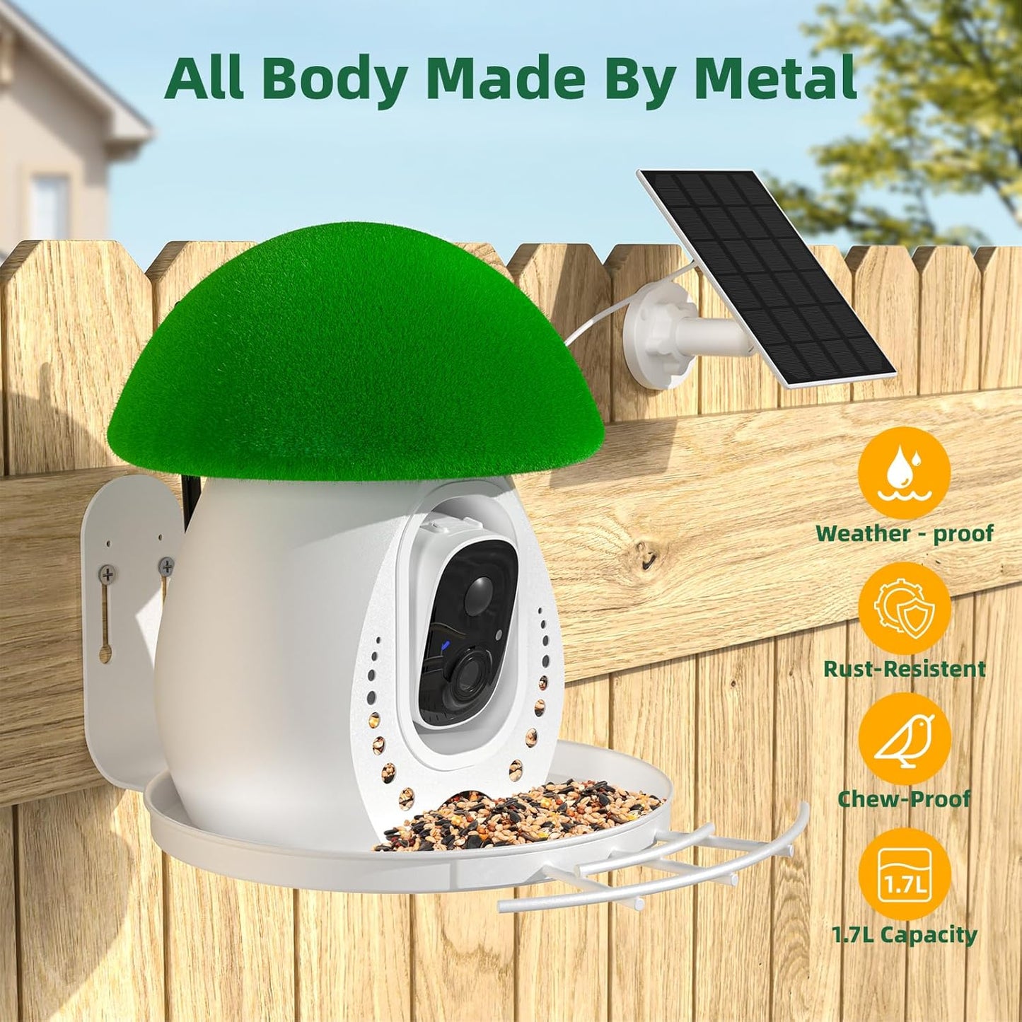 Metal Bird Feeder with Camera,Solar Powered,1.7L Capacity,Auto Capture & AI Identify Bird Species 10000+,2K HD Live Stream Camera,Real-Time Notifications