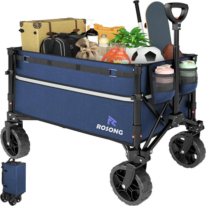 Collapsible Wagon Cart with Wheels Foldable - Folding Utility Heavy Duty Wagons Carts for Grocery Sports Garden Shopping Camping Wheelbarrows (Navy Blue, 120L)
