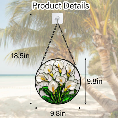 Stained Glass Window Hanging, White Calla Lily Suncatcher Diamond Glass Panel Hangings Flowers Sun Catchers Decor for Birthday for Women, Men, Wife, Aunt, and Mom 9.8 in