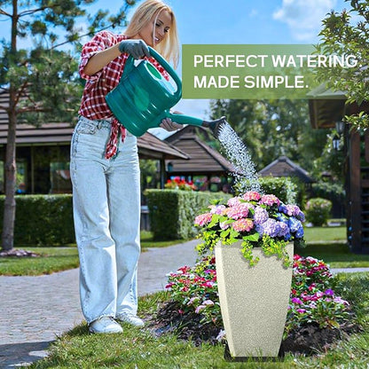 Set of 2 Large Tall 21 Inch Planter Pots Indoor/Outdoor-Matte Grey Square Flower Planters with Tray for Patio, Front Door, Deck | Weather-Resistant & Lightweight Plastic (Grey)