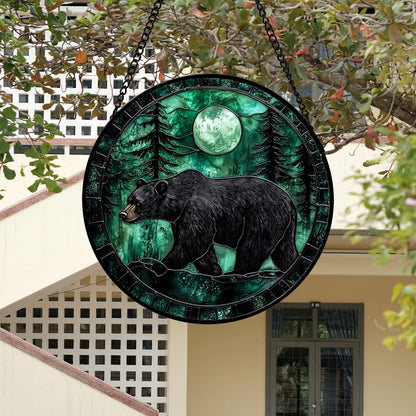 Stained Glass Window Hanging 4 Pcs Set Green Forest Night Sky Wildlife 9.8" - Suncatcher Door Garden Sun Catcher Decor Birthday for Mom Woman Nana Men Friend