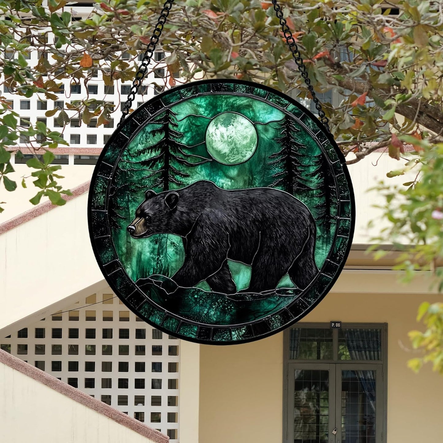 Stained Glass Window Hanging 4 Pcs Set Green Forest Night Sky Wildlife Large 11.8" - Suncatcher Door Garden Sun Catcher Decor Birthday for Mom Woman Nana Men Friend