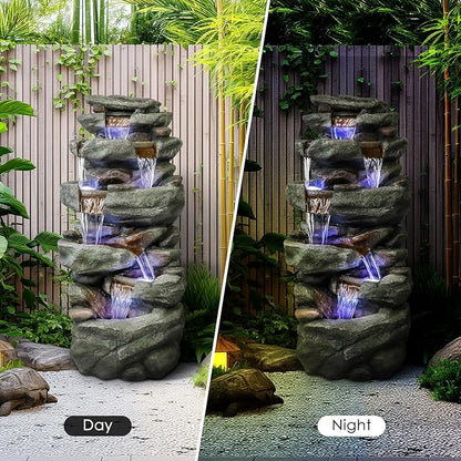 SunJet 40.5” High Rocks Outdoor Water Fountain - 6-Tiers Cascading Waterfall with LED Lights, Soothing Tranquility for Home Garden, Yard Decor