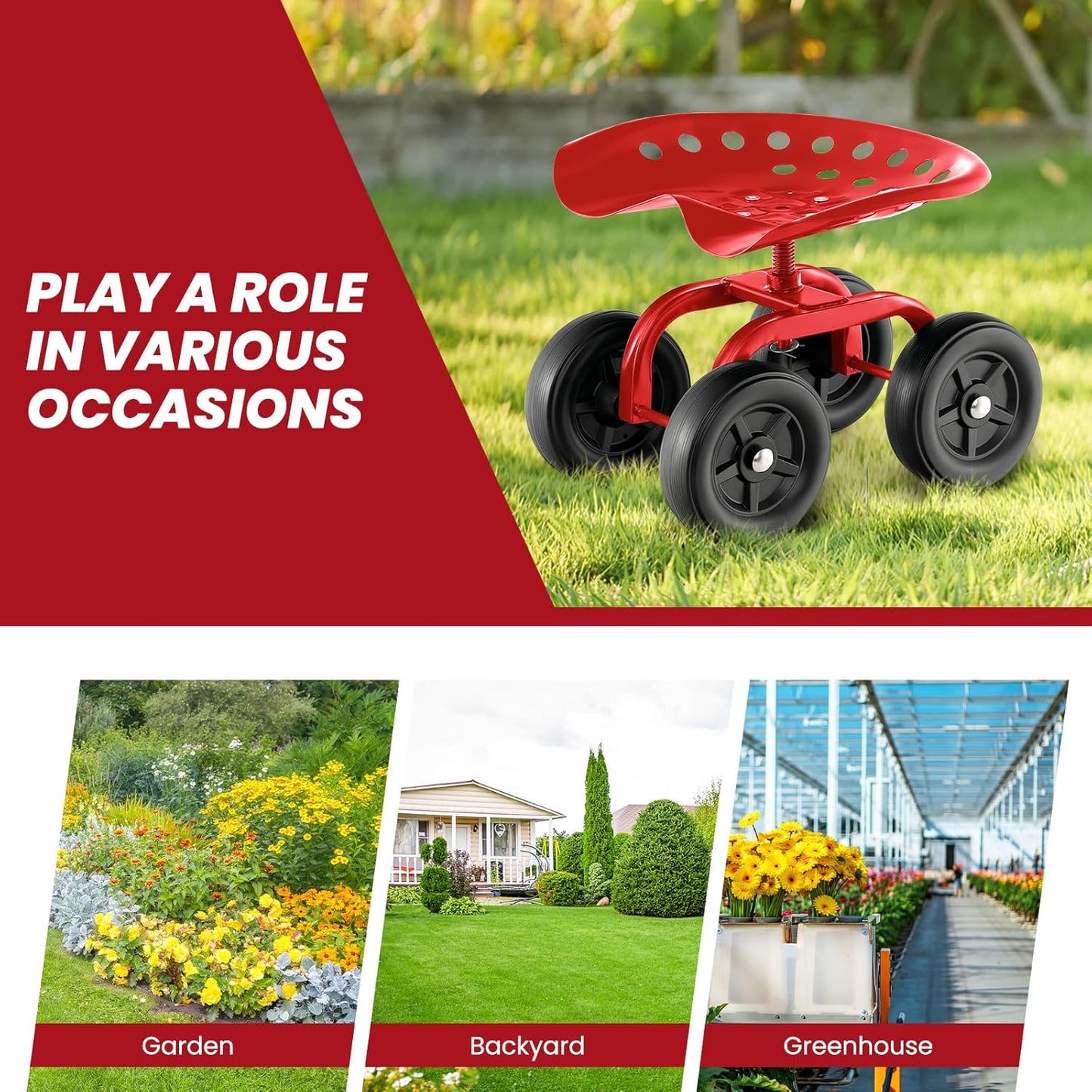 LDAILY Garden Seat with Wheels, Heavy-Duty Utility Stool Cart with Adjustable 11"-16" Height & 360° Rotatable, Rolling Garden Cart with Seat for Lawn Planting, Yard Work, Patio Gardening (Red)