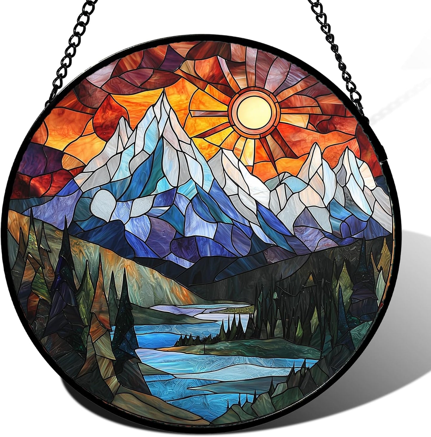 Stained Glass Window Hanging - Colorful Mountain Lake Landscape Sun Catcher for Door Garden Home Decor Suncatcher Christmas Mother's Day Birthday Gifts for Women Men Mom Nana 6.3 in