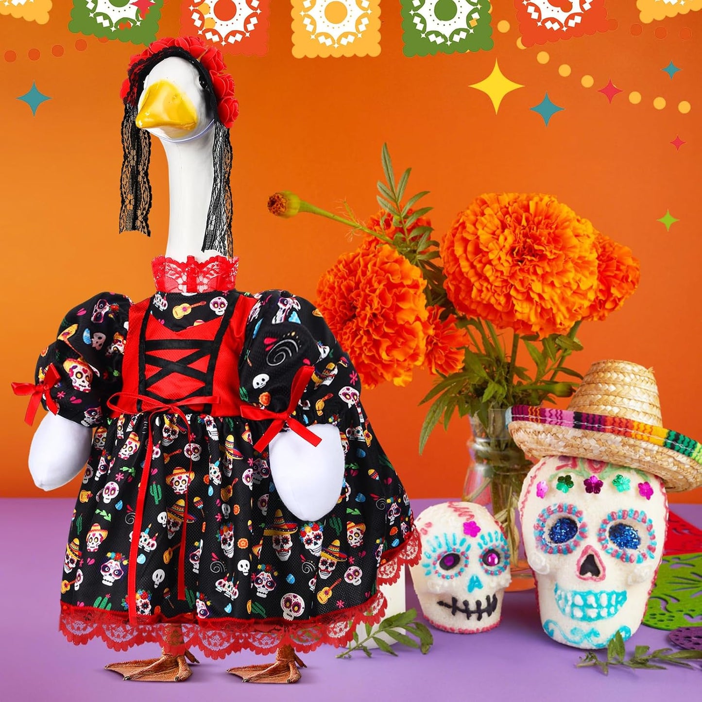 Suzile Halloween Goose Outfit Dresses Clothes for 23" Dia De Los Muertos Cement or Plastic Porch Goose Costume for Yard Lawn Outdoor Garden Patio Statue Halloween Holiday Decor