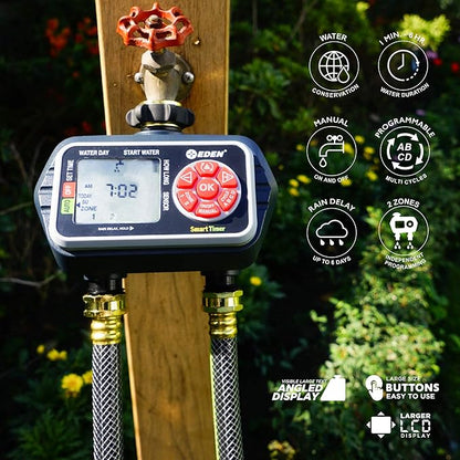 Eden 93412 Programmable Digital Water Timer 2-Zone, Compatible with Wireless Soil Moisture Sensor