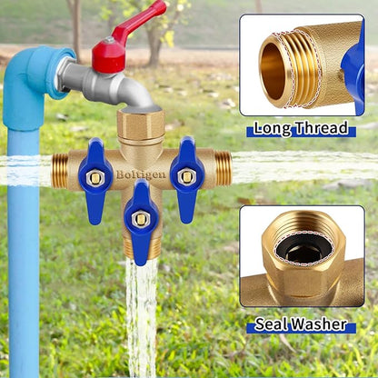 Boltigen 3 Way Garden Hose Splitter with Full Flow Port Heavy Duty Brass Water Hose Splitter 3/4'' GHT "+" Type Hose Connector Fitting Shut off Diverter Control Valve, for Outdoor Faucet Irrigation