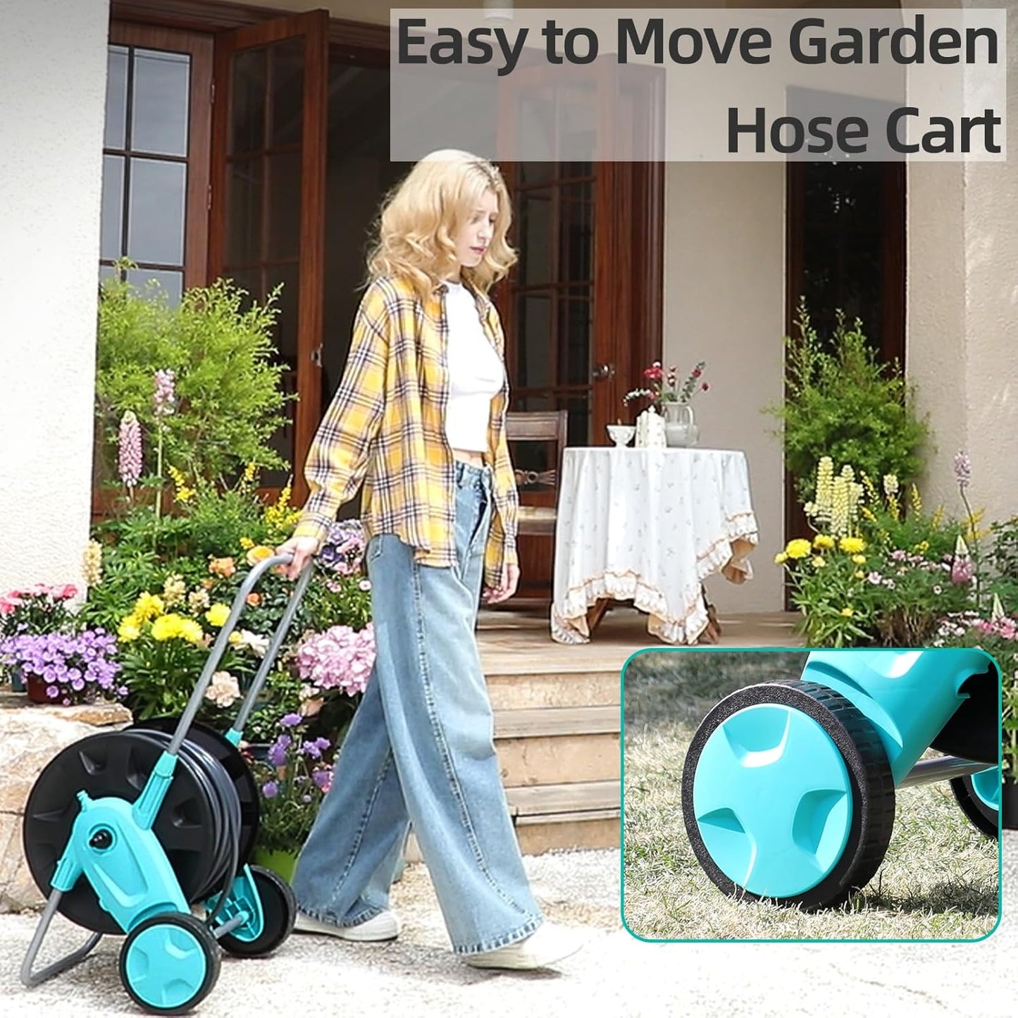 Portable Garden Hose Reel Cart, Hold Up to 75-100 Ft of 5/8 Inch Hose,Garden Water Pipe Holders Mobile Tools with 2 Wheels for Outside Hose Storage