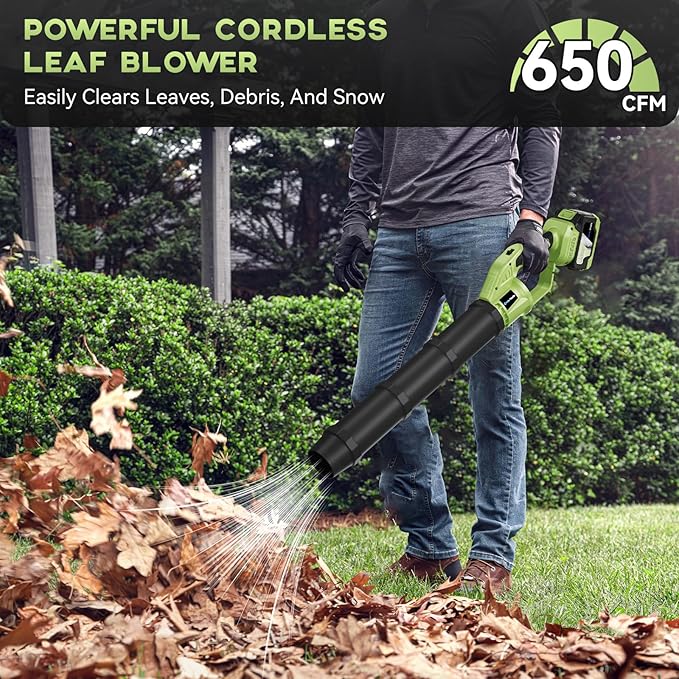 Cordless Leaf Blower - 650 CFM Brushless Electric Leaf Blower with 2 x 6.0Ah Batteries & Fast Charger, 2 Speed Modes, Battery Powered Leaf Blowers for Lawn Care, Patio, Dust, Snow Care (Light Green)