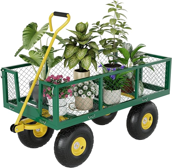 Metal Wagon - 500lbs Garden Cart with 10" Multi-Terrain Tires, 4 Removable Mesh Sides & 180° Swivel Handle, Yard Wagon Cart for Lawn, Yard, Patio Gardening