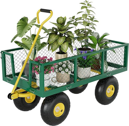 Metal Wagon - 900lbs Garden Cart with 10" Multi-Terrain Tires, 4 Removable Mesh Sides & 180° Swivel Handle, Yard Wagon Cart for Lawn, Yard, Patio Gardening