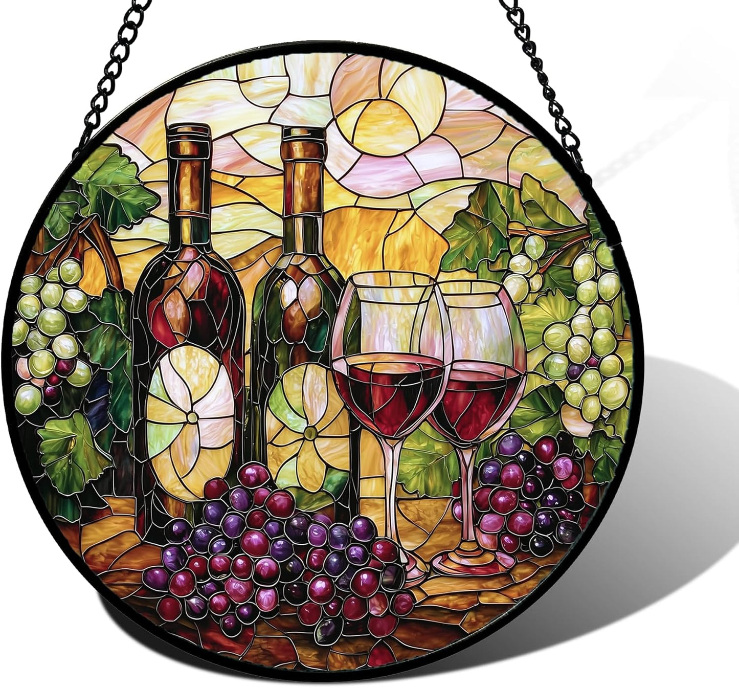Stained Glass Window Hanging, Grapes and Wine Suncatcher Diamond Glass Panel Hangings Sun Catchers Decor for Birthday for Women, Men, Wife, Aunt, and Mom 7.8 in