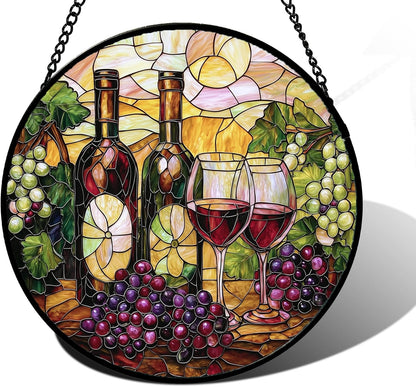 Stained Glass Window Hanging, Grapes and Wine Suncatcher Diamond Glass Panel Hangings Sun Catchers Decor for Birthday for Women, Men, Wife, Aunt, and Mom 9.8 in