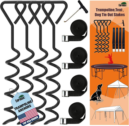 Eurmax USA Trampoline Stakes Heavy Duty Trampoline Parts Corkscrew Shape Steel Stakes Anchor Kit with T Hook for Trampolines -Set of 4 Bonus 4 Strong Belt,Black