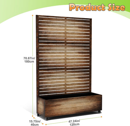 Metal Raised Garden Bed with Trellis, 2-in-1 Planter Box & Privacy Screen for Climbing Plants, Outdoor Standing Flower Bed with Drainage Holes, 47.2" L x 16.7" W x 70.8" H, Vintage Wood Grain